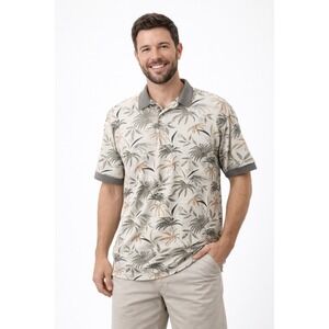 Island 2 Island Polo Shirt Mens XL Cream Tropical Palm Leaf‎ Print Short Sleeve
